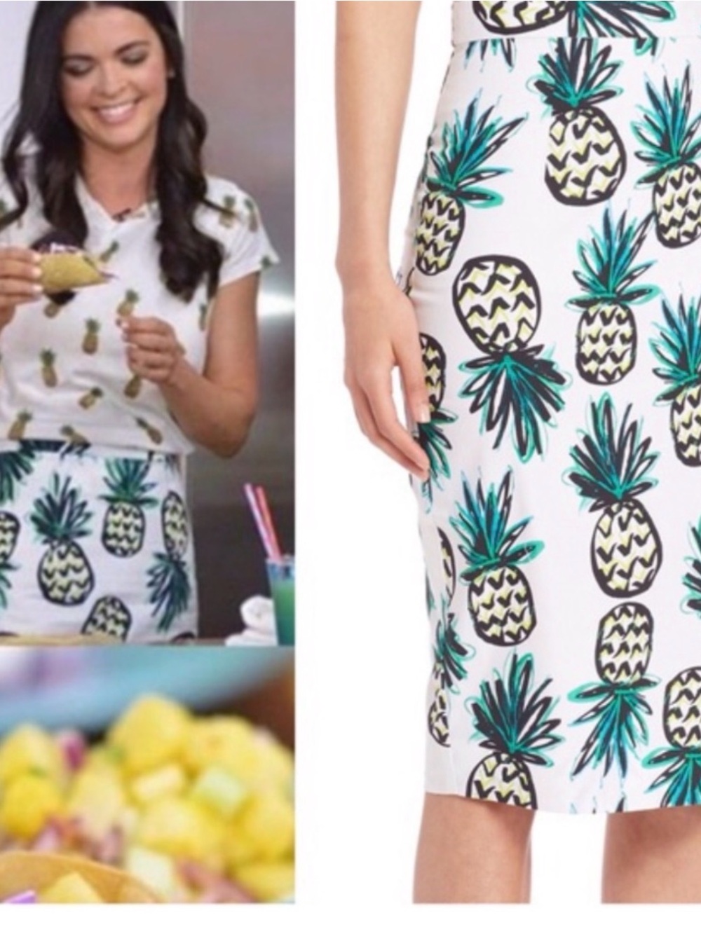 Milly White Pineapple-Print Pencil Skirt with Teal and Yellow Accents